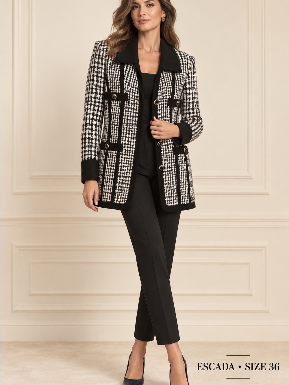 Escada Black & White Houndstooth Blazer with Contrast Trim